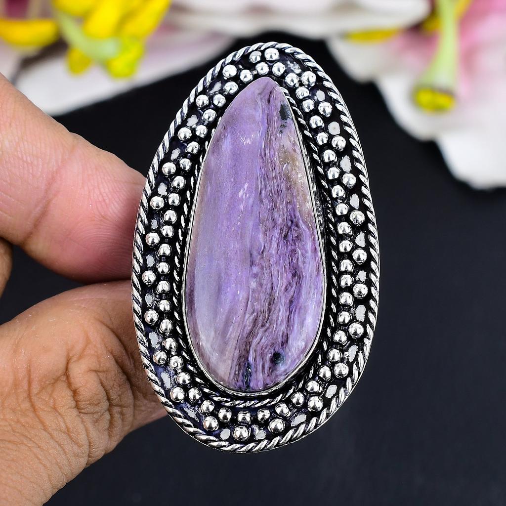 Russian Charoite Gemstone 925 Sterling Silver Jewelry Ring Size 8.5 KG-1685