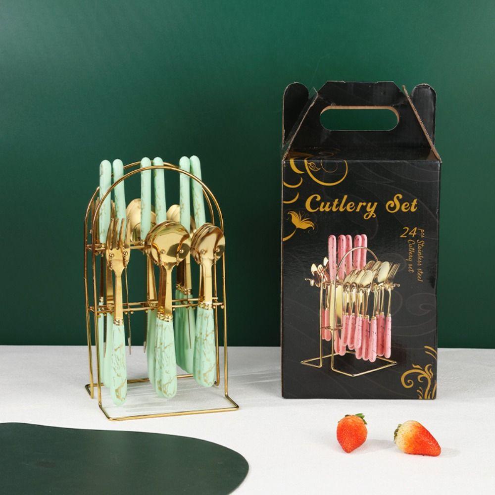 Mode 24-teiliges Besteckset Edelstahl Metall Geschenk Geschirr Gabeln Löffel Sets Essgeschirr Zuhause Schule Küche