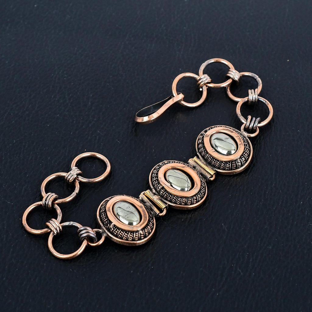 Golden Apache Pyrite Bracelet, 999 Copper Wire Wrapped Jewelry, Gemstone Bracelet Whit Adjustable Chain Gift For Her, Handmade Dainty Jewelry