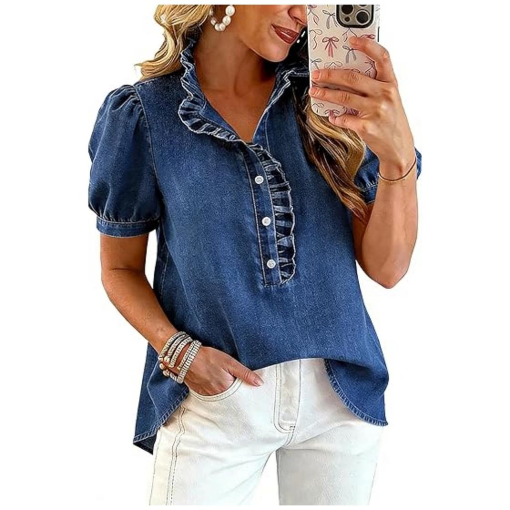 New Washed Denim Shirt for Women, Puff Short Sleeve Ruffled Button Down Ruched Denim Blouse Top