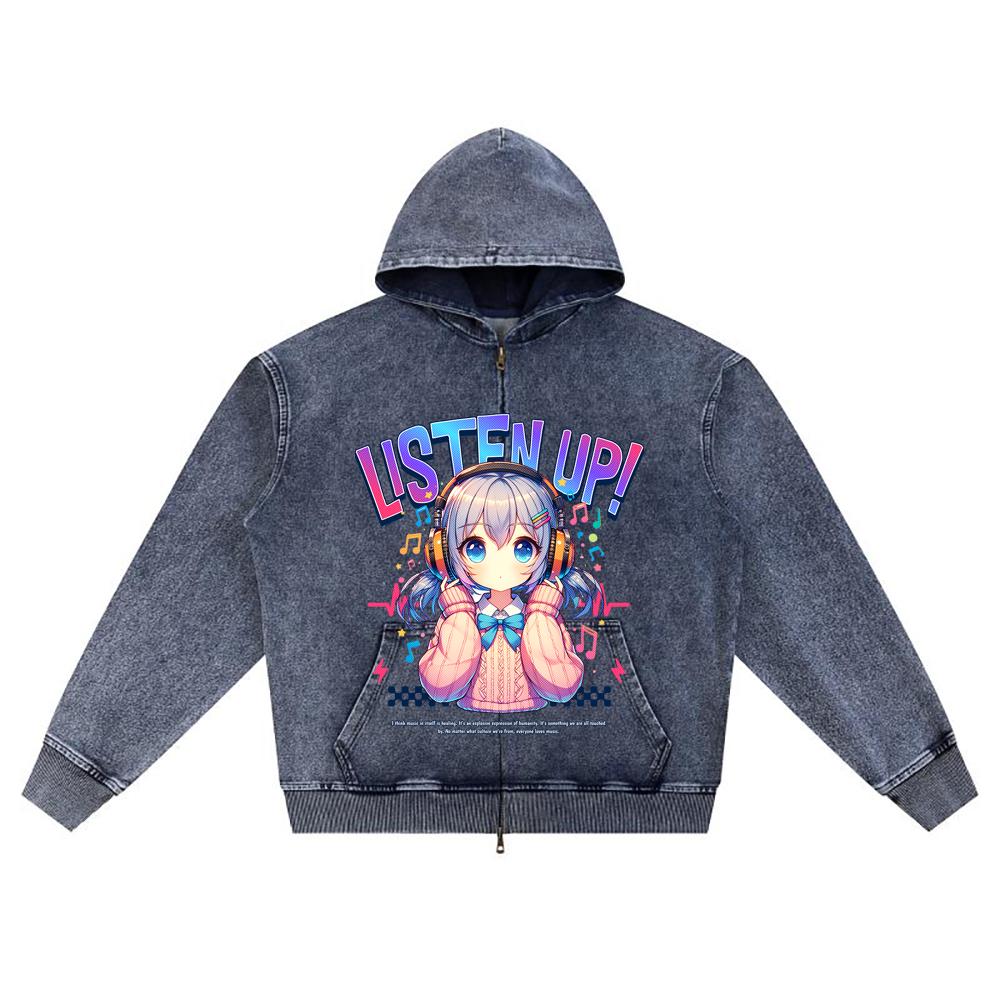 

DTG print Knitted Denim Zip-Up Hoodie Listen up Brother Print Zipper Hoodies XL темно-синий