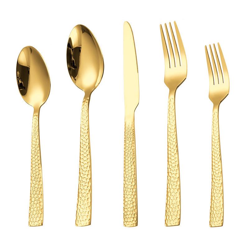 5-Piece Gold-Plated Hammered Stainless Steel Flatware Set - Includes Steak Fork, Knife, Spoon, and Square Handle Utensils.