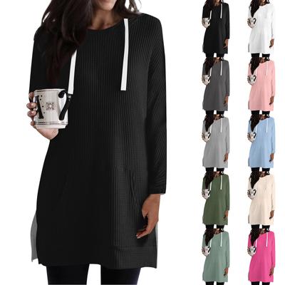 Damen Farbige Lockere Hemden Langarm Kapuzenpullover mit Kordelzug Gestrickte Tuniken mit Seitenschlitz Kapuzenoberteile mit Tasche
