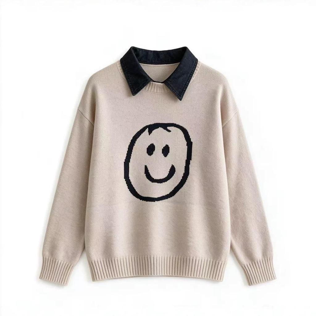2026 Autumn/Winter Korean Style Smiley Face Sweater - Age-Reducing Cute Casual Versatile Pullover Knit Top