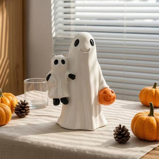 Resin Ghost Statues Halloween Figurines, Cute Spooky Statue Rustic Ornaments for Farmhouse Bookshelf Tabletop, Fall Garden Home Decoration Shelf