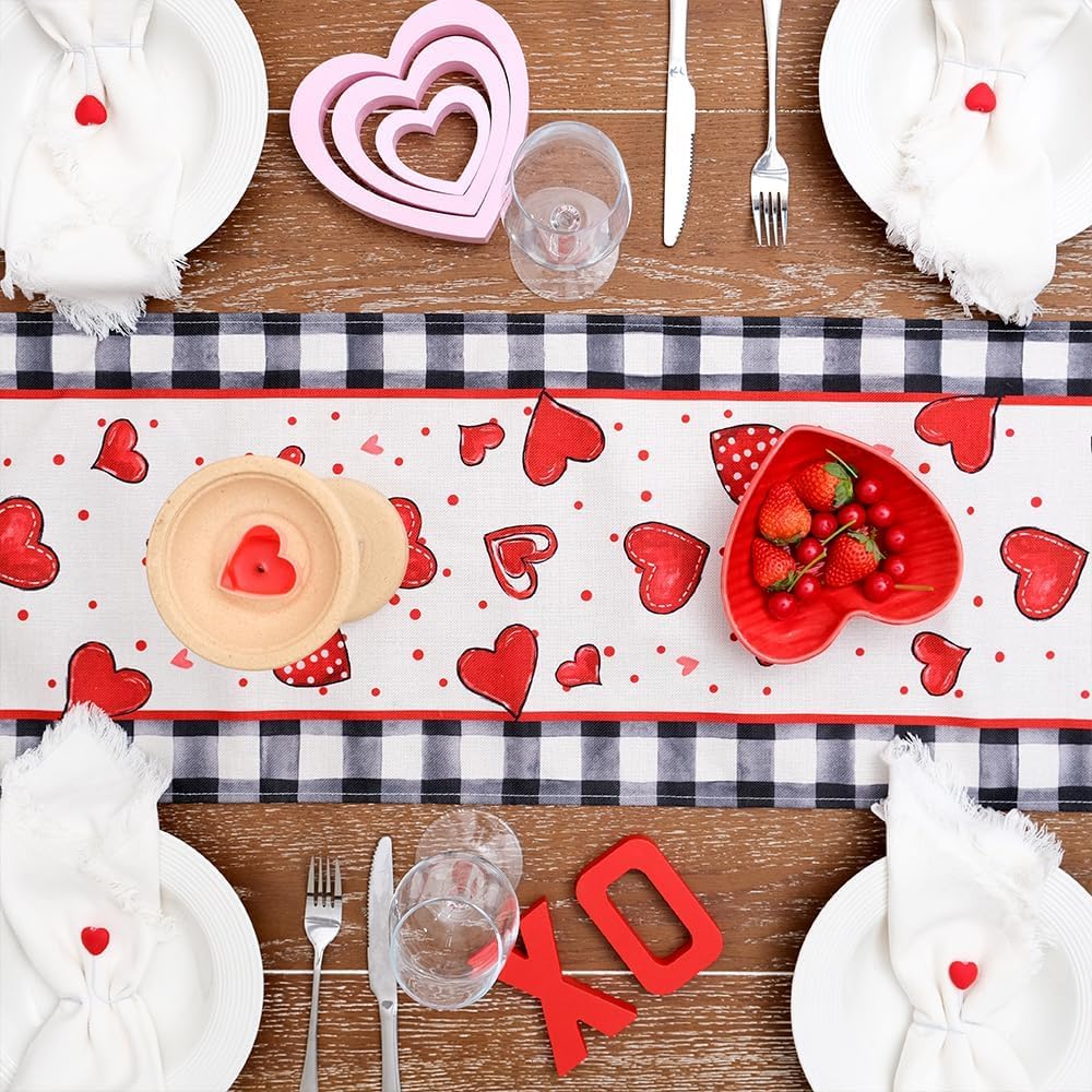 GEEORY Valentine's Day Table Runner 13 x 72 Inch, Red Hearts Polka Dots Decorative Farmhouse Table Decoration for Kitchen Dinning, Indoor Outdoor