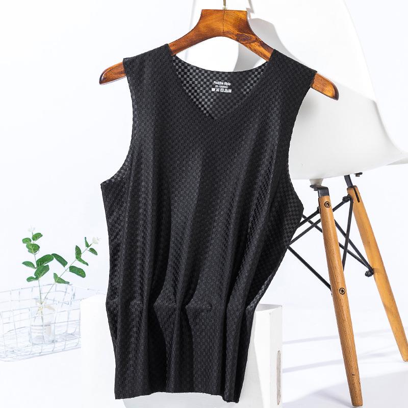 Men's Plaid Ice Silk Sleeveless Quick-Dry Tank Top - Breathable, Seamless Sports Fitness Undershirt for Summer.