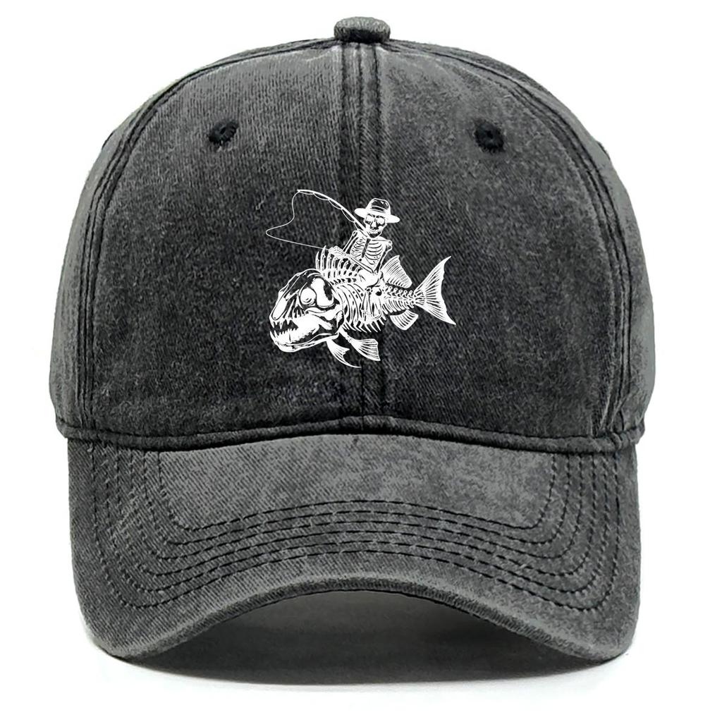 Human Skeleton and Fish Print Snapback Sun Hat, Fishing Rod Mesh Hat Fit Hip Hop Distressed Raw Brim Adjustable Baseball Hat