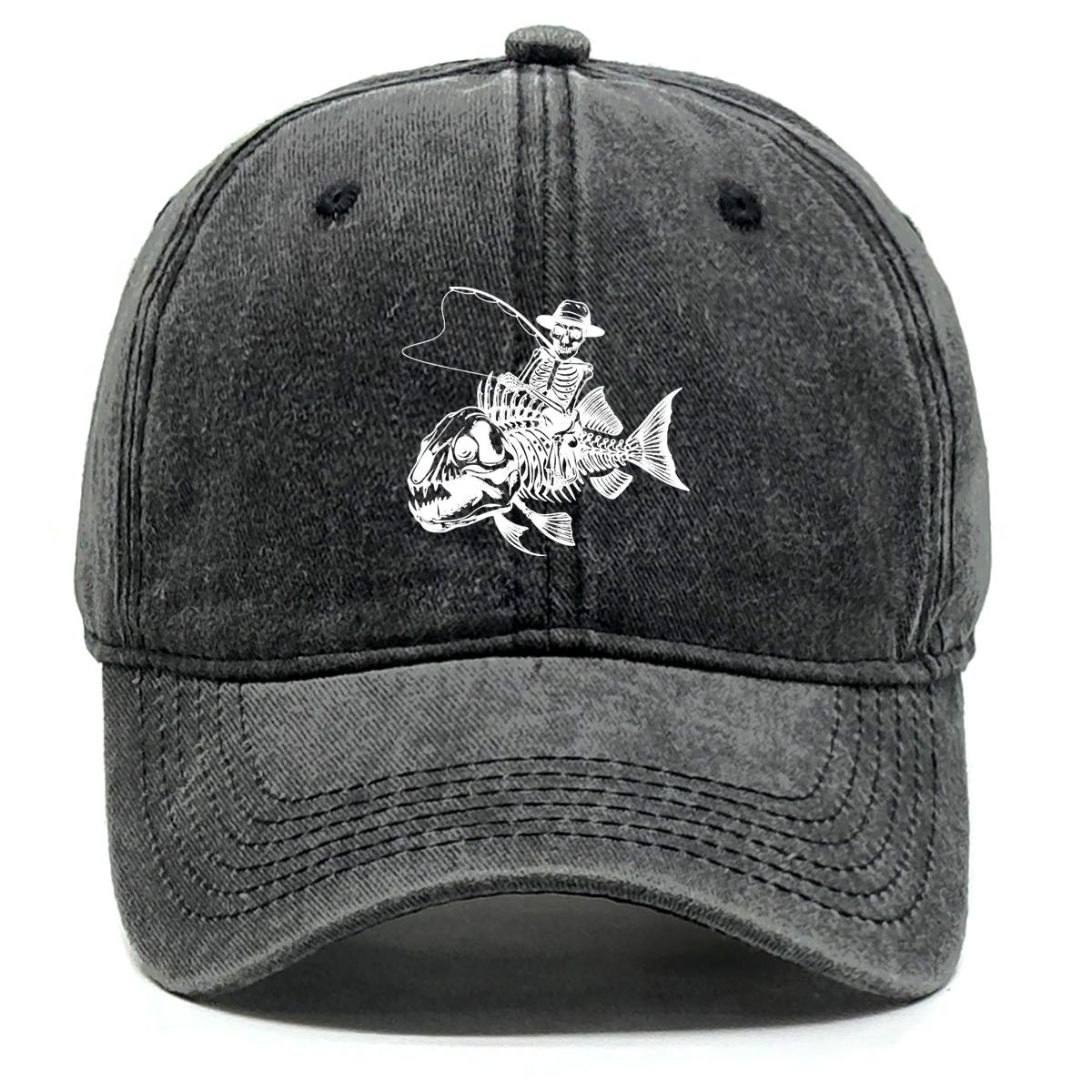 

Human Skeleton and Fish Print Snapback Sun Hat, Fishing Rod Mesh Hat Fit Hip Hop Distressed Raw Brim Adjustable Baseball Hat as the picture чёрный