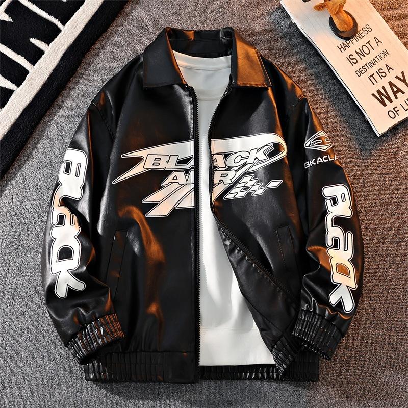 Source men's leather jacket American embroidered stand-up collar jacket men's and women's trendy brand locomotive leather jacket