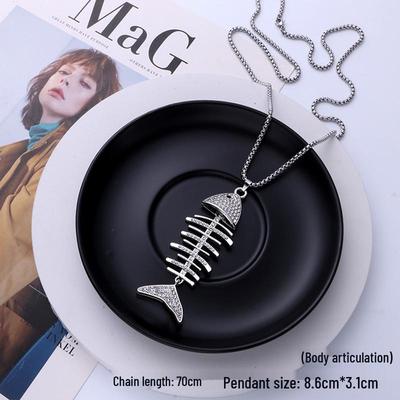 Diamond-Encrusted Fish Bone Necklace for Women - Versatile, Stylish Titanium Steel Pendant