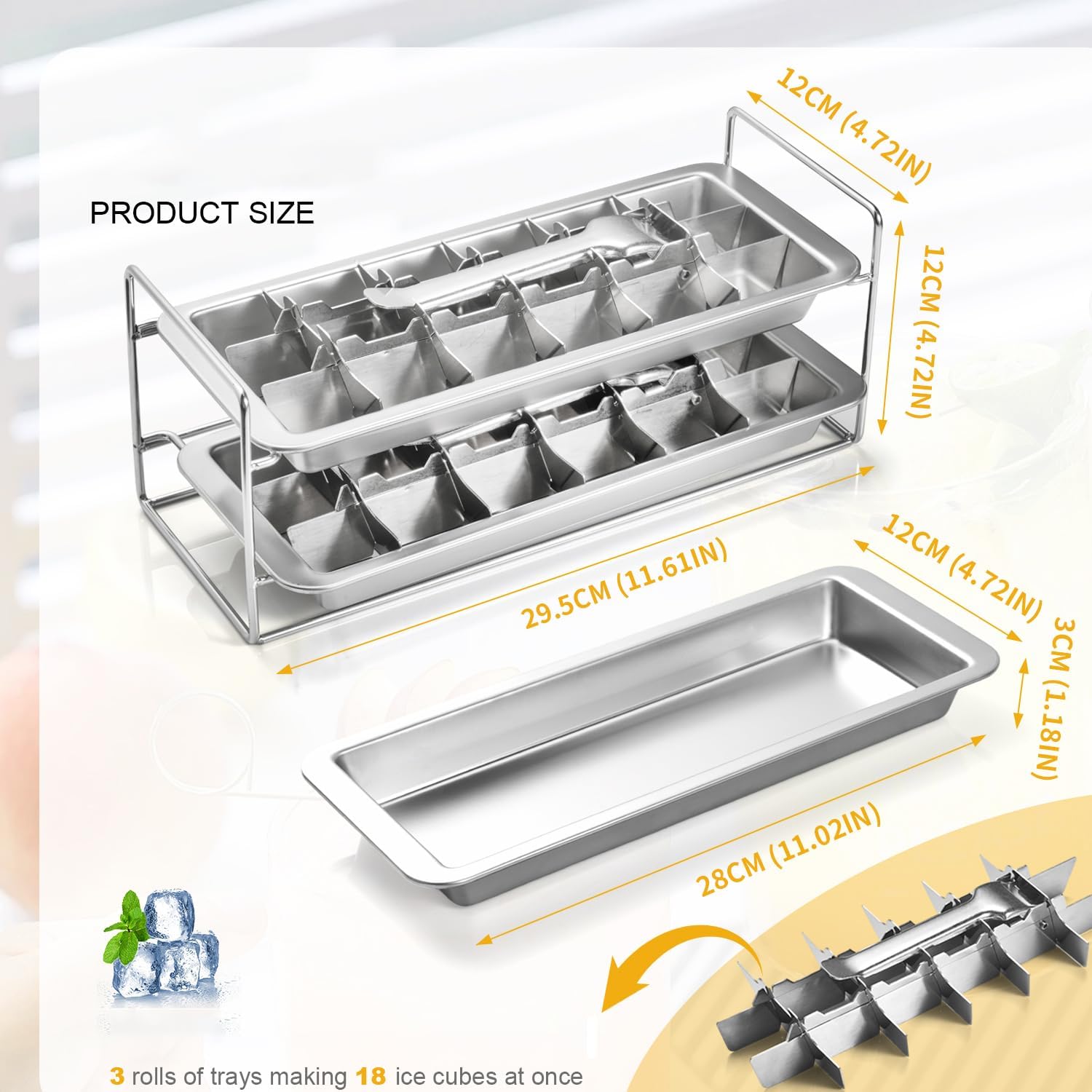 Stainless Steel Ice Cube Tray 2 Pack, 36 Large Cube Slots. Plastic Free Eco Friendly Freezer Mold W/Easy Release Lever. Stackable Retro Inspired Old