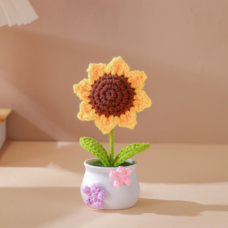 Vaso Con Fiori Artificiali All'Uncinetto Fatti A Mano - Mini Pianta In Lavoro A Maglia Per Decorazione Casa E Ufficio - Regalo Originale (Arancione)
