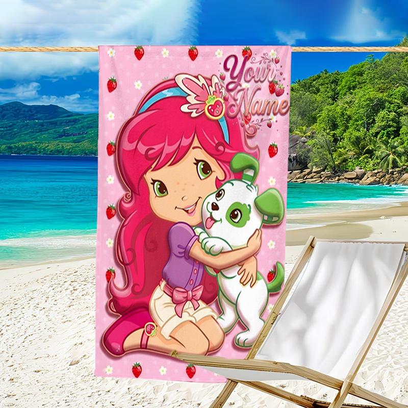 1pc Princess Strawberry Beach Towel with Custom Name, Beach and Seaside Swimming Pool Equipment, Fashion Pattern, Rectangular, Travel Essential