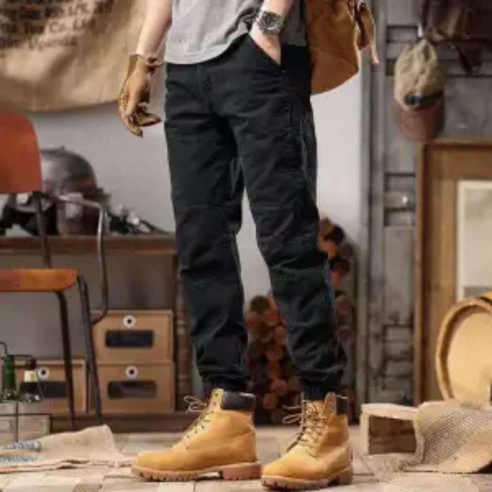 Fashion Slim Tie One's Feet Men's Cargo Pants Classic Pocket Street Casual Button Youth Solid Color All-match Male Trousers