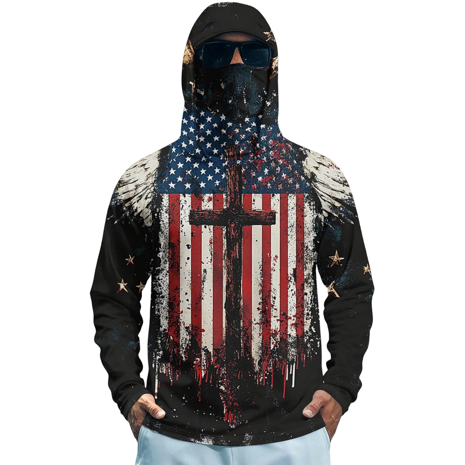 

Men s Long Sleeve Quick Dry Hooded Shirt with Flag Print Lightweight UV Protection for Fishing Fitness Outdoor Sports L чорний