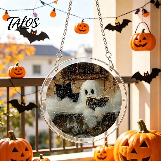 Elegant Halloween Glass Effect Ornament Acrylic Suncatcher Jigsaw Puzzle Set, Spooky Ghost Floral Meadow Window Hanging with Metal Sturdy Frame Decor