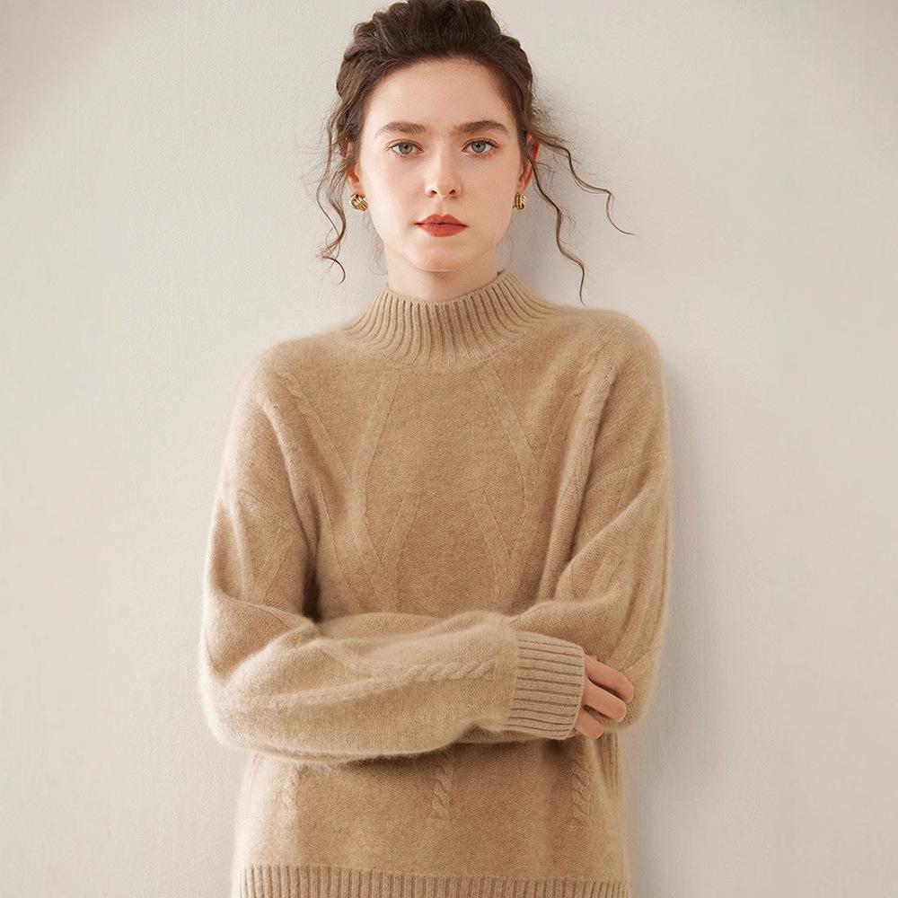 Women's Drop Shoulder Cashmere Pullover Sweater - Thickened Jacquard Knit, Half-High Neck, Long Sleeve, Versatile Loose Fit.
