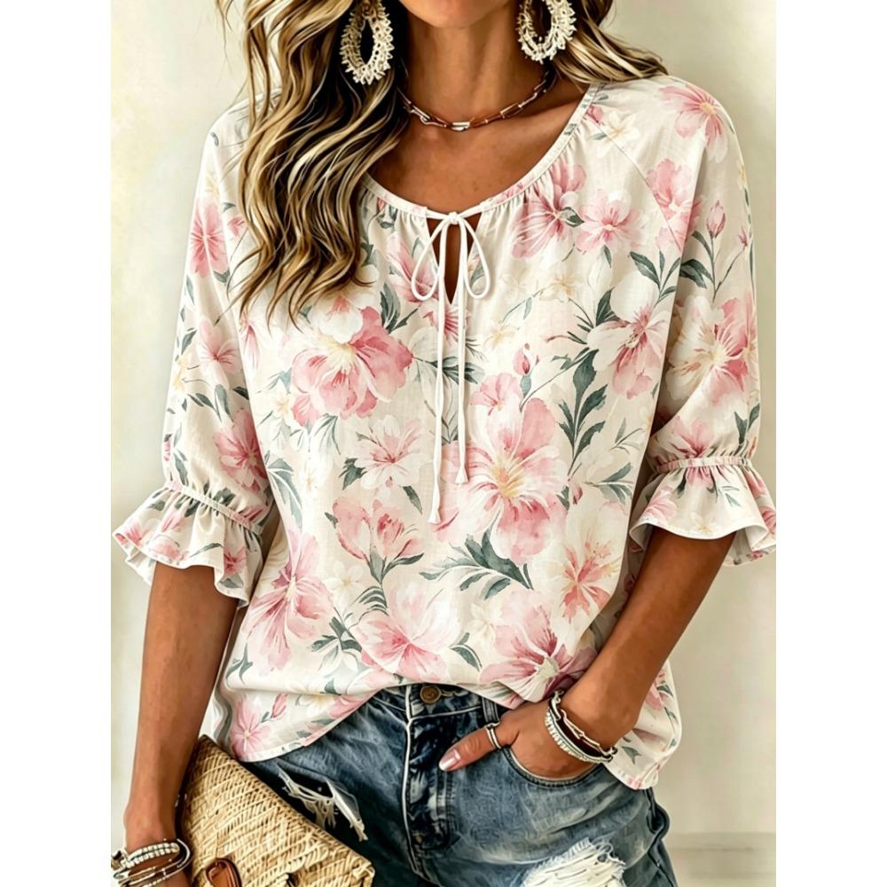 Women's Soft Pink Watercolor Floral Print Tie Front Blouse, Casual Loose Top for Spring Summer Daily Wear