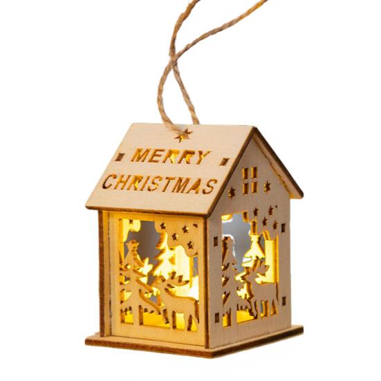 Yousheng Wooden Christmas Decor with LED Light 3D Carved Hanging Wood Star/Village House/Bell/Gift Box Ornament for Xmas Tree Decor