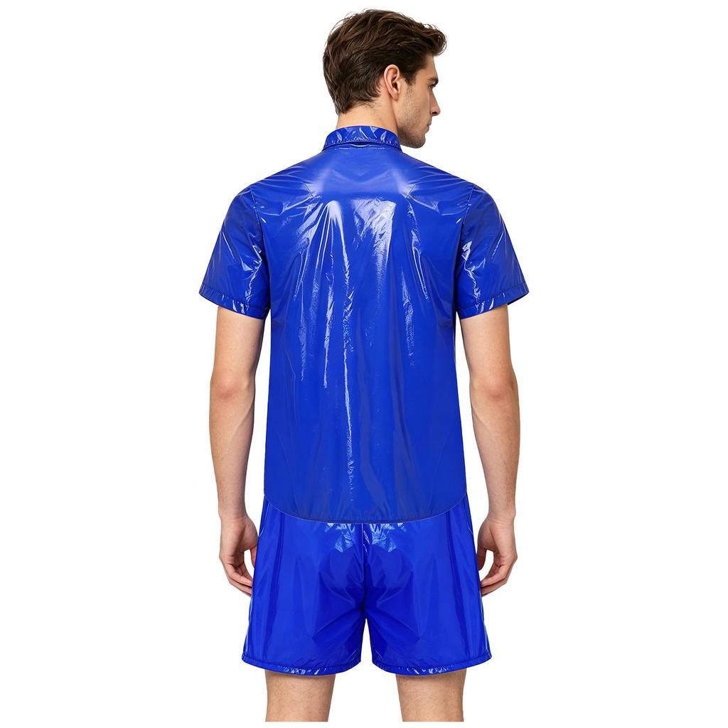 S-3XL Men Waterproof Training Outfit Short Sleeve Front Button Collared T-Shirt and Elastic Waistband Built-in Boxer Briefs for Wrestling Swim Gym