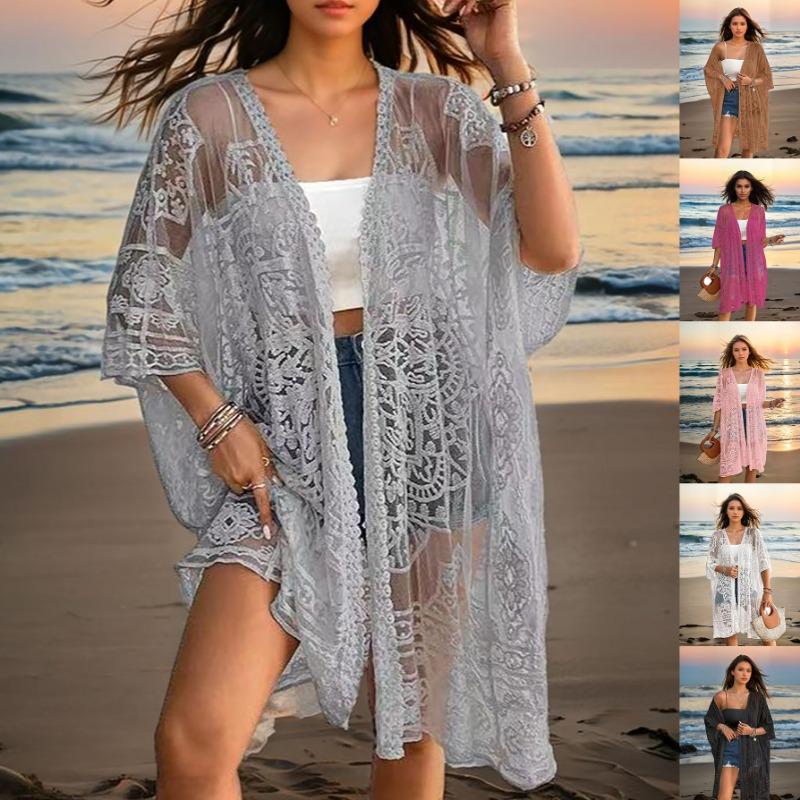 Plus Size Women's Sexy See Through Lace Embroidery Cardigan Beach Bikini Sunscreen Smock