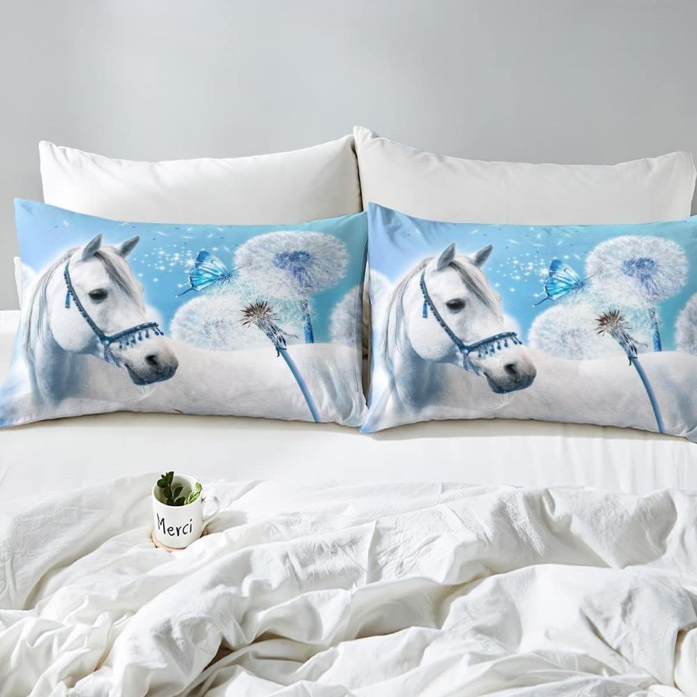 Bettwäsche-Set mit Pferdemotiv, Mikrofaser-Bettwäsche-Sets, Kinderbettwäsche mit blauem Schmetterling Löwenzahn Kinderbettwäsche Mädchen