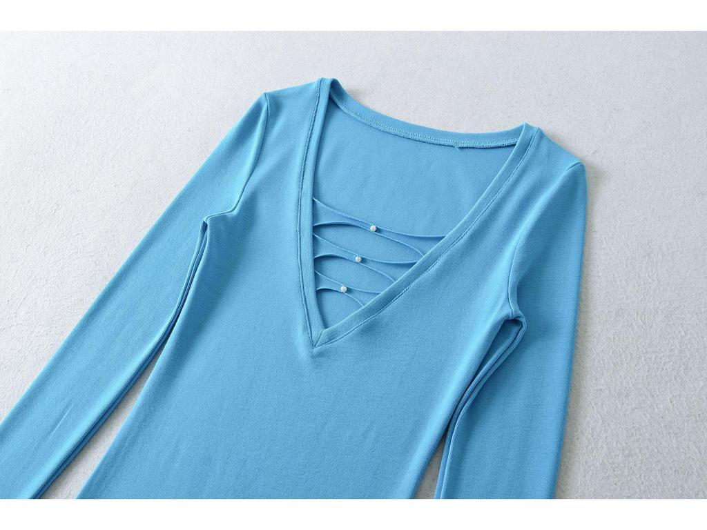 Spicy V-neck Pearl Hollow Long Sleeve Knit T-shirt - Women's Autumn Winter Slim Fit Base Layer