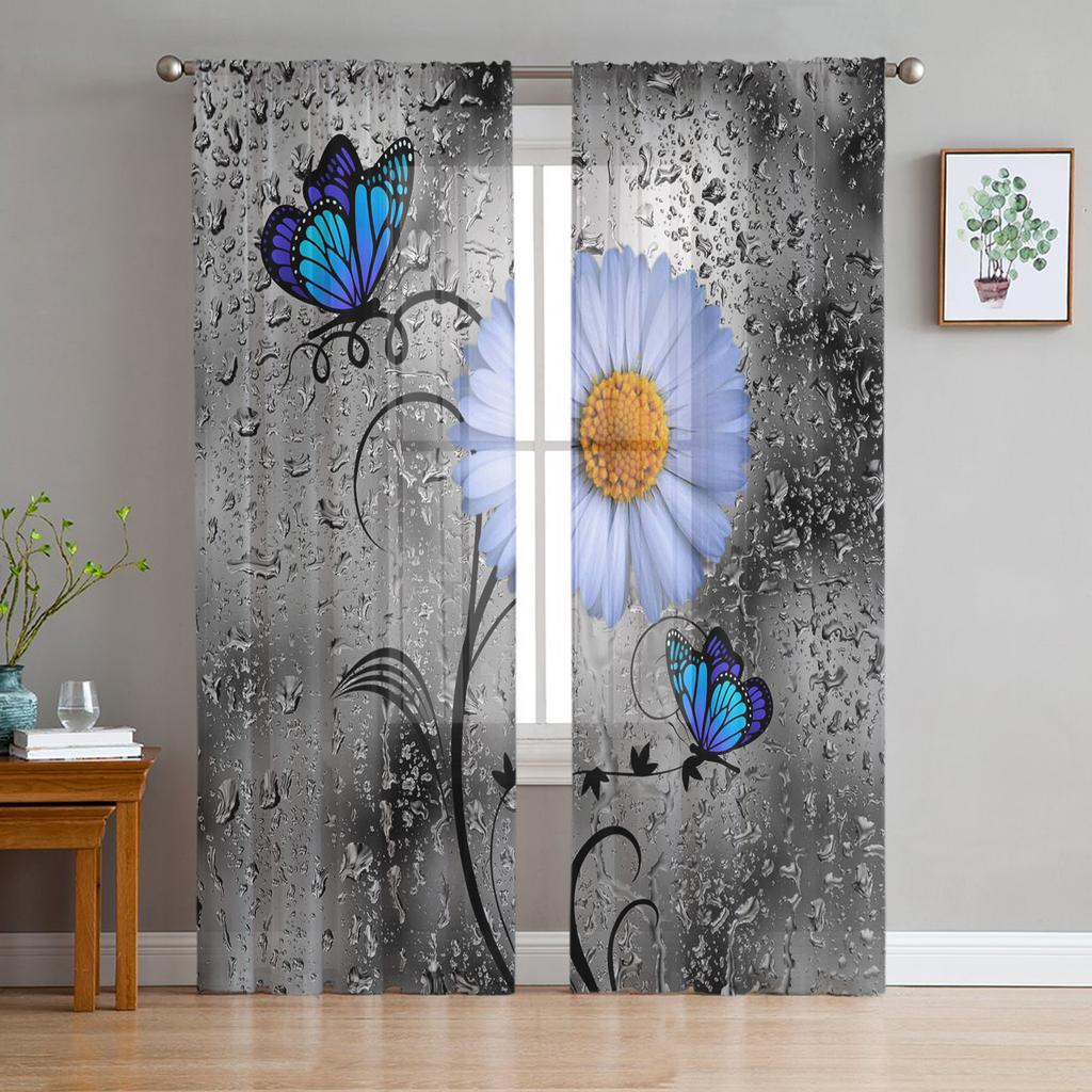 Blue Rose Flower Butterfly Glassy Gauze Curtains For Children's Bedroom Kitchen For Living Room Holiday Decor Voile Curtain
