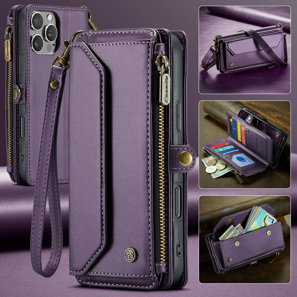 CaseMe (C36) Crossbody Wallet Case For iPhone 13 14 15 16 Pro Max Zipper Wrise Multi-functional Flip PU Leather Card Slots Holder Cover Protector