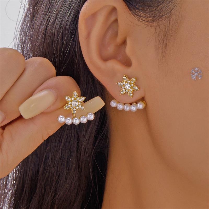 Glamorous Sparkling Snowflake Stud Earrings with Crystal Zircon Pearl Dangle; Ideal Long Tassel Earring Christmas Gifts