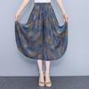 Women's Floral Cotton Silk Wide-Leg Skirt Pants - Summer Casual Elastic Waist, Plus Size, Lightweight Seven-Point Length.