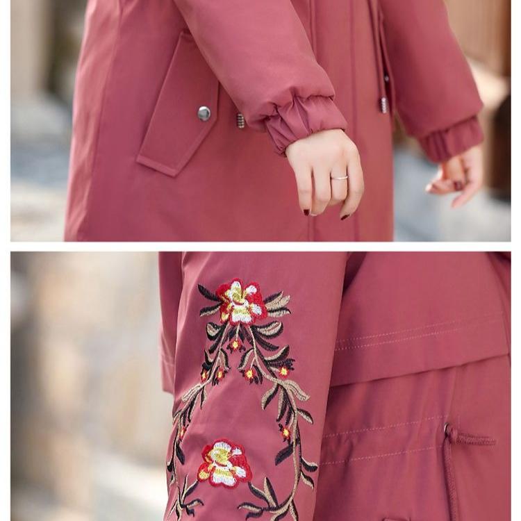 Women's Winter Fleece Padded Jacket Thick Warm Mid-Length Embroidered Hooded Padded Coat