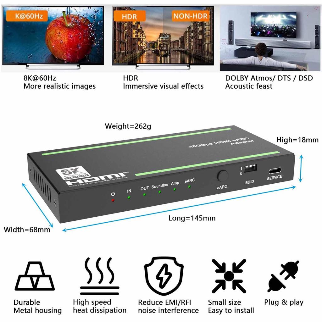 BUNGPUNG HDMI Audio Separator Audio Adapter Suitable for eARC Soundbar and AV Receiver Optical Digital SPDIF Audio Output EDID Management 48Gbps HDMI