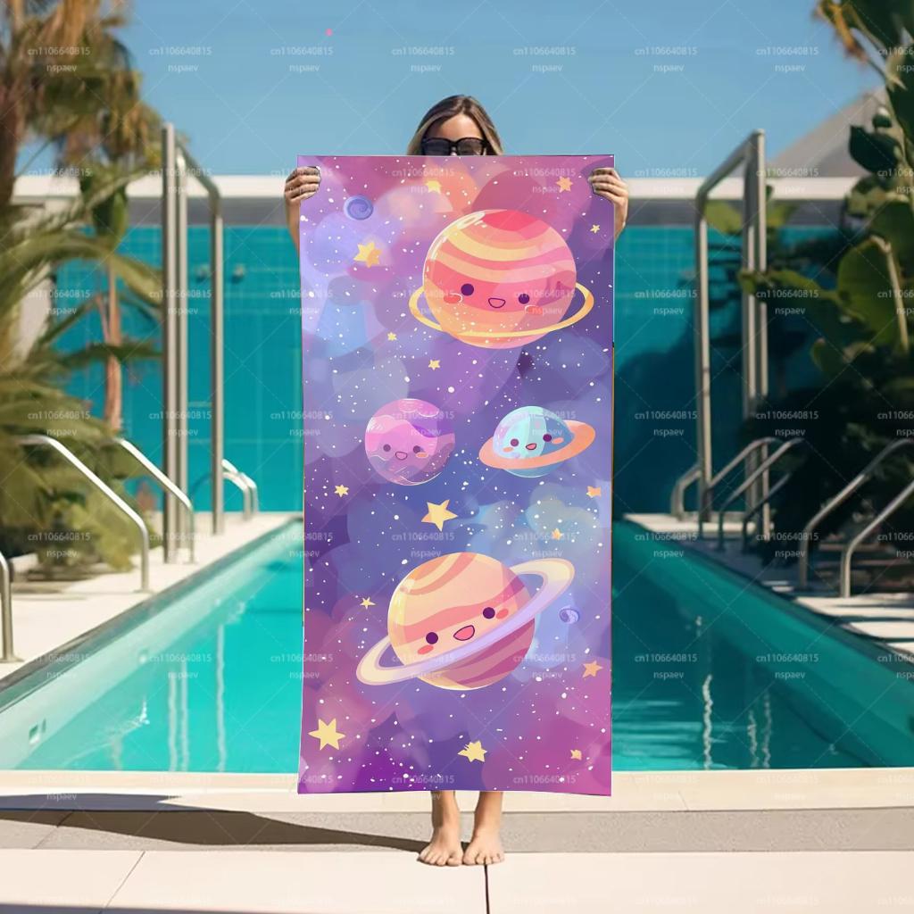 Cute Cartoon Planet Beach Towel, Kawaii Space Galaxy Print Bath Towel, Super Absorbent Microfiber Towel for Kids & Adults,