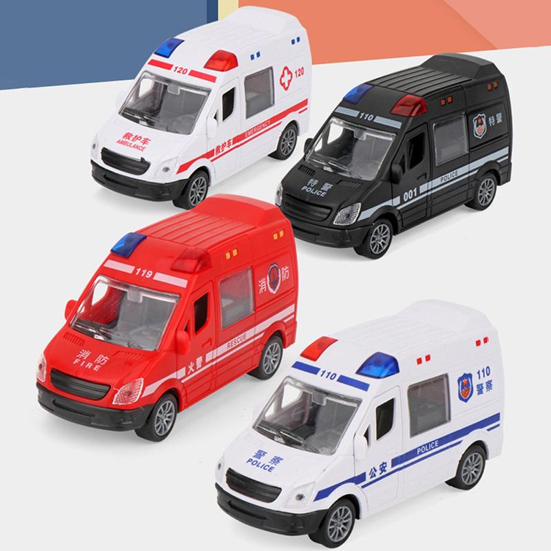 Hospital Rescue Ambulance Police Metal Cars Model Pull Back Sound And Light Toy