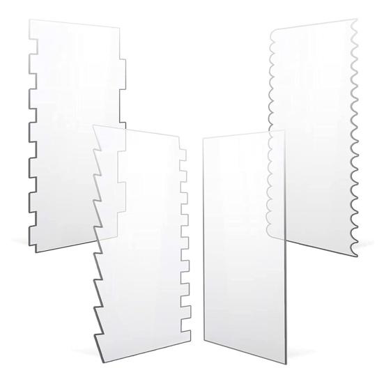 4 stk Kakeskrape Sett Stor Klar Akryl Kakeutjevner Skrape Kakestriper Kantkontur Kam for DIY Glasur Frosting Smørkrem Krem Dekorering