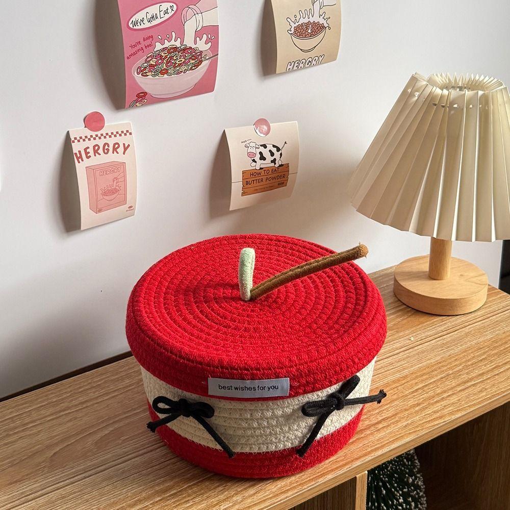 Cotton Tead Woven Storage Basket Red White Organizer Basket Cartoon Covered Basket Women Use