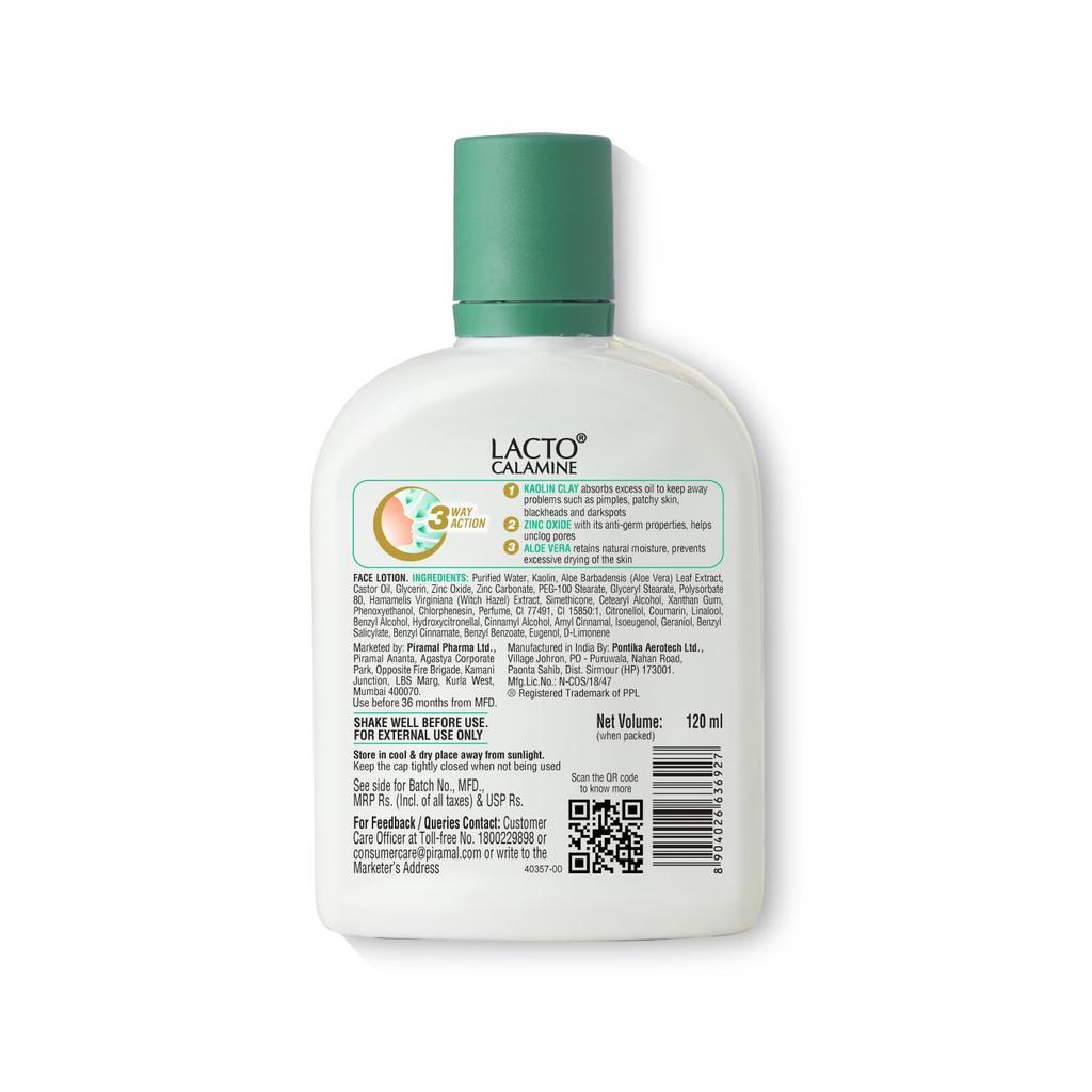 Lacto Calamine Face Lotion Kaolin Clay & Aloe Vera 120 ml x Pack Of 2 Daily Moisturizer For Combination To Normal Skin Oil Balance Care