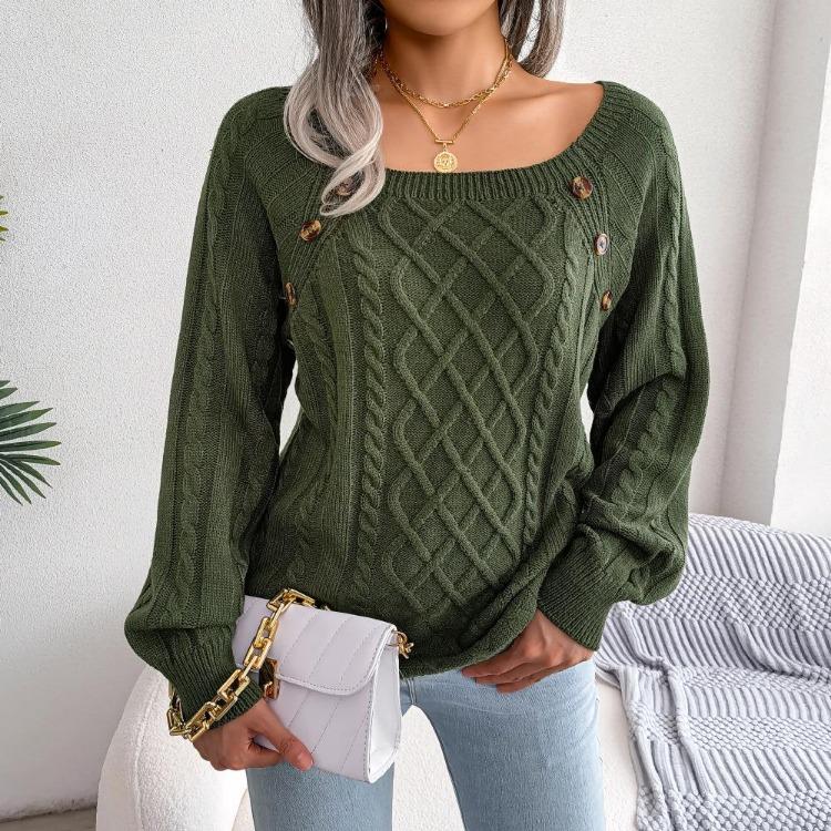 

Women Casual Knit Pullover Sweater Autumn Winter Square Neck Button Fried Dough Twist S армия зеленый