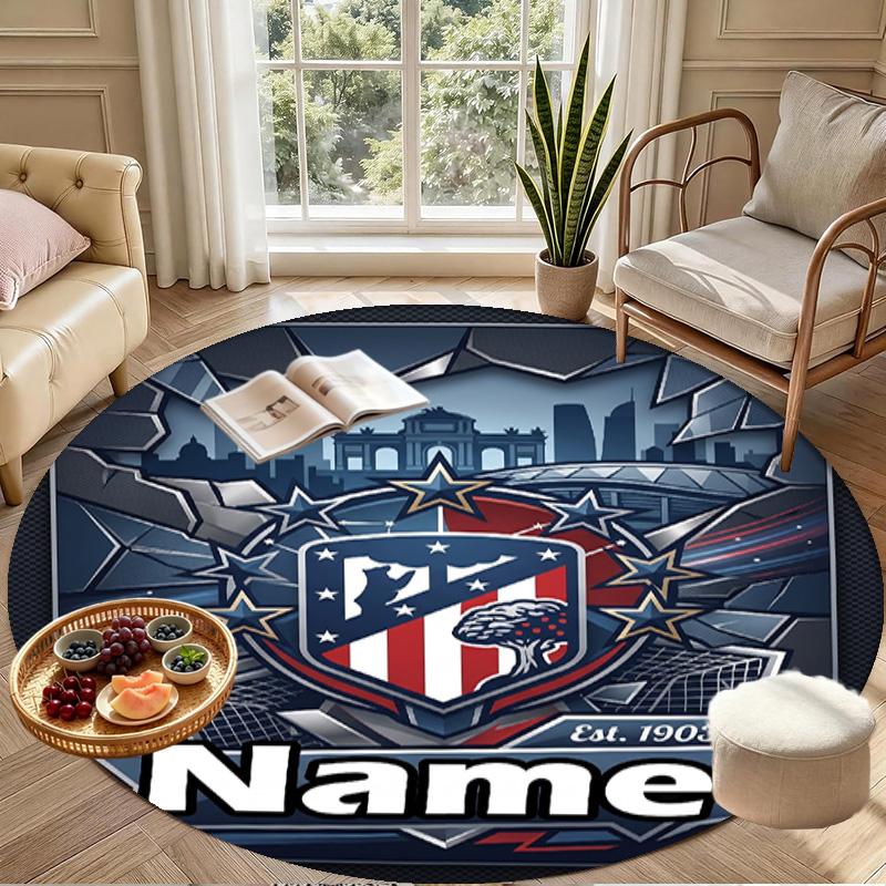 Tapis rond personnalisé avec nom imprimé Atletico Madrid, Tapis polyvalent pour la décoration de la maison, pour salle de jeux, appartement, balcon, entrée, couloir Cadeau