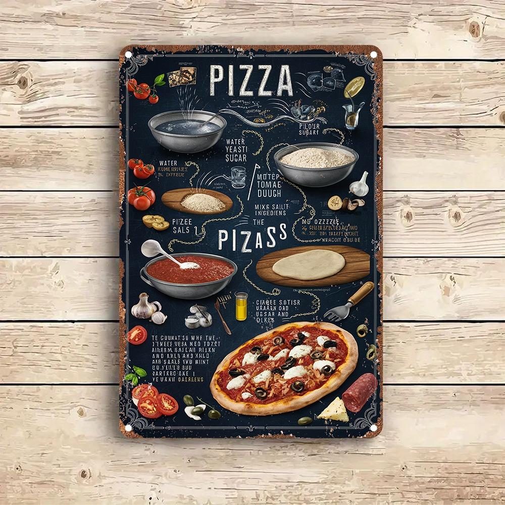 Vintage Pizza Recipe Metal Sign - 8x12" Aluminum Retro Decor for Kitchen, Bar & Restaurant
