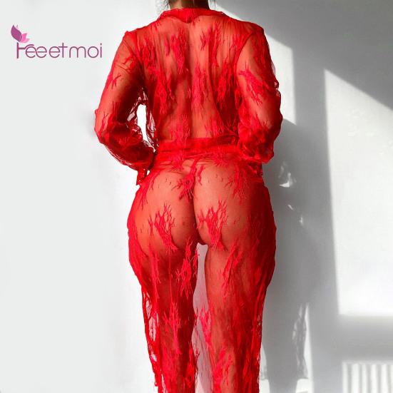 Lady Nightdress Lace Open Front Up Two Piece Transparent Floral Lace Sexy Nightdress Panties Set