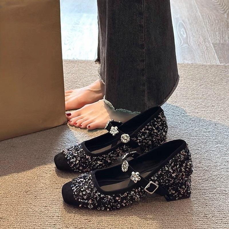 French thick heel small fragrant single shoes women's shoes 2025 early spring with skirt sequins pink Mary Jane evening shoes