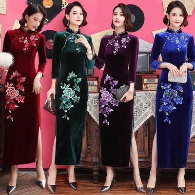 2025 Samt Strass Bestickt Cheongsam mit Slim Fit und Dreiviertelärmeln
