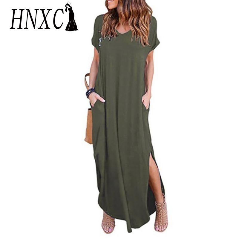 HNXC Sexy dámské šaty nadměrné velikosti 5XL letní jednobarevné ležérní maxi šaty s krátkým rukávem pro ženy dlouhé šaty dámské šaty