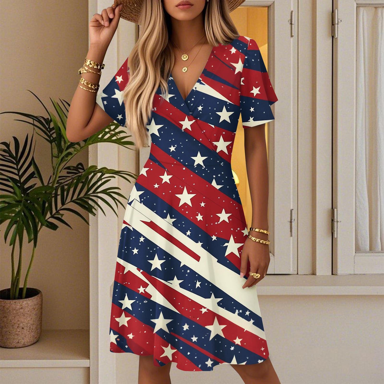 

Женское летнее модное платье с принтом ко Дню независимости, повседневное пляжное А-силуэта с V-образным вырезом, свободный сарафан L винный