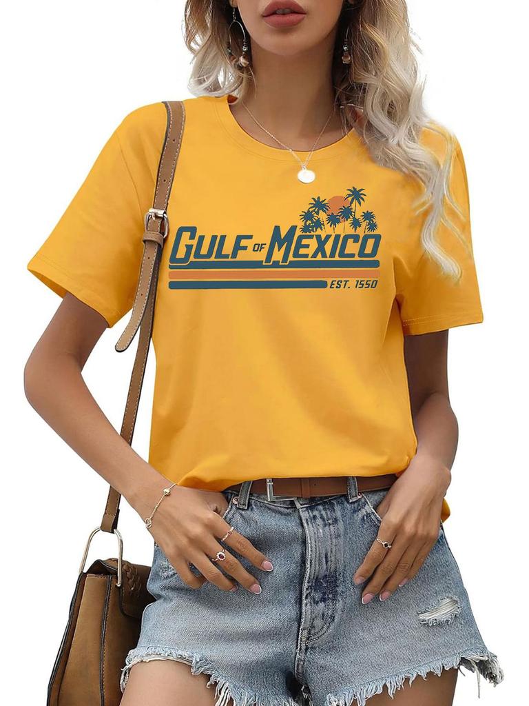 Women's French Round Neck Summer Beach Pattern T-Shirt