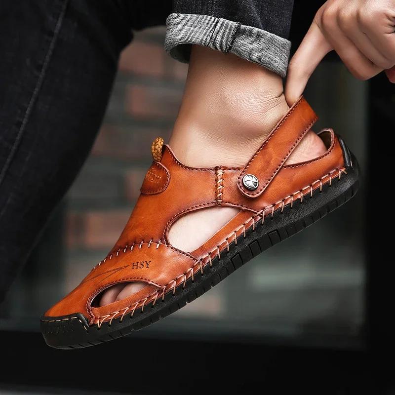Herren Sommersandalen aus echtem Leder für den Außenbereich, leicht, römisch, große Größen 38-48, Wanderschuhe für Herren, weich, rutschfest, lässige Sandalen