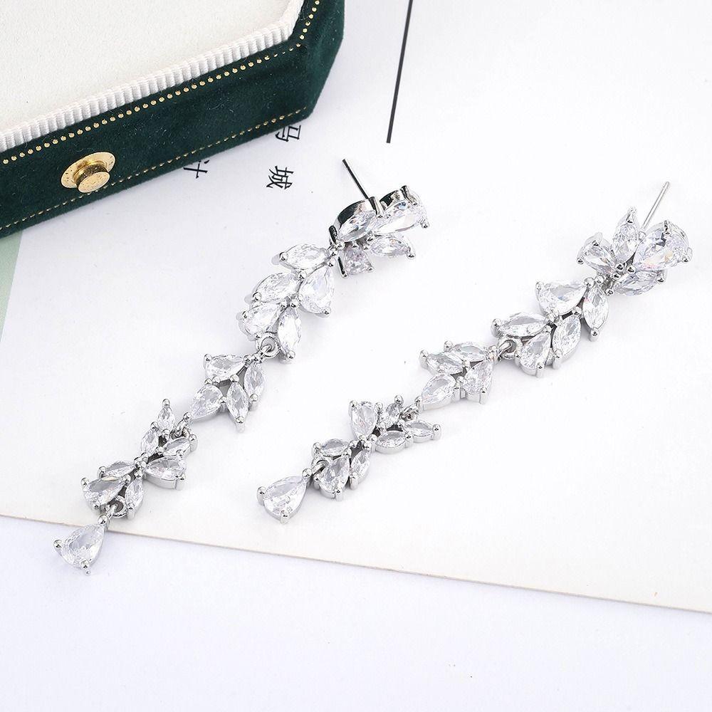 Shiny Crystal Leaf Shape Bracelet Silver Color Wristlet Plant Design Dangle Earrings  Gift Bangle